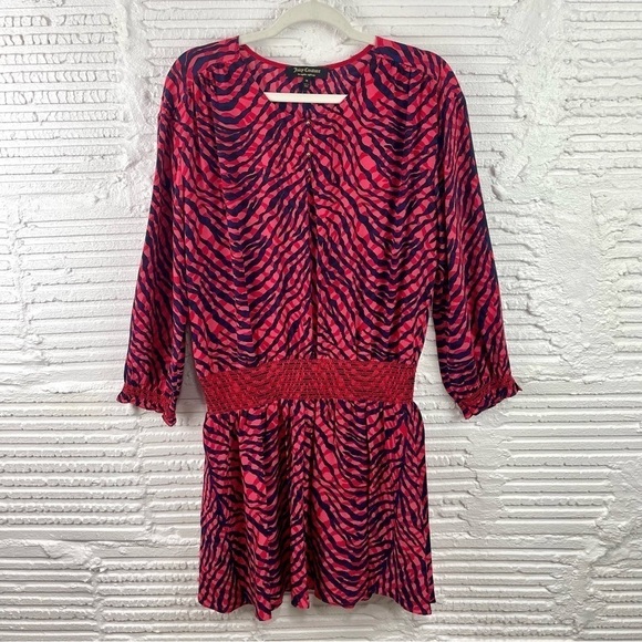 Juicy Couture 100% Silk Red/Blue Tiger Print Gathered Waist Blousy Mini Dress M - Picture 1 of 16